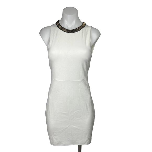 H&M White Gold Beaded Neck Formal Cocktail Bodycon Sheath Mini Dress Size S - Picture 1 of 8